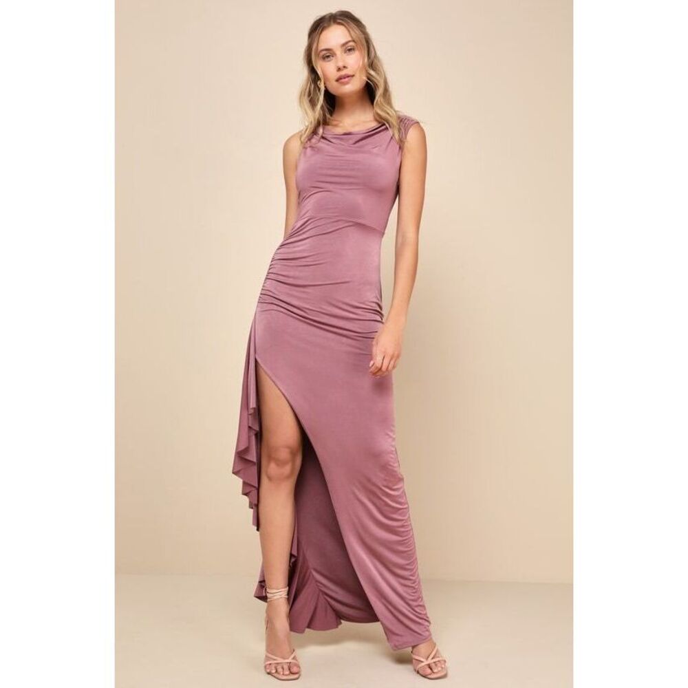 Lulus Sleek Presence Mauve Slinky Knit Cowl Neck Ruffled Maxi Dress Pink